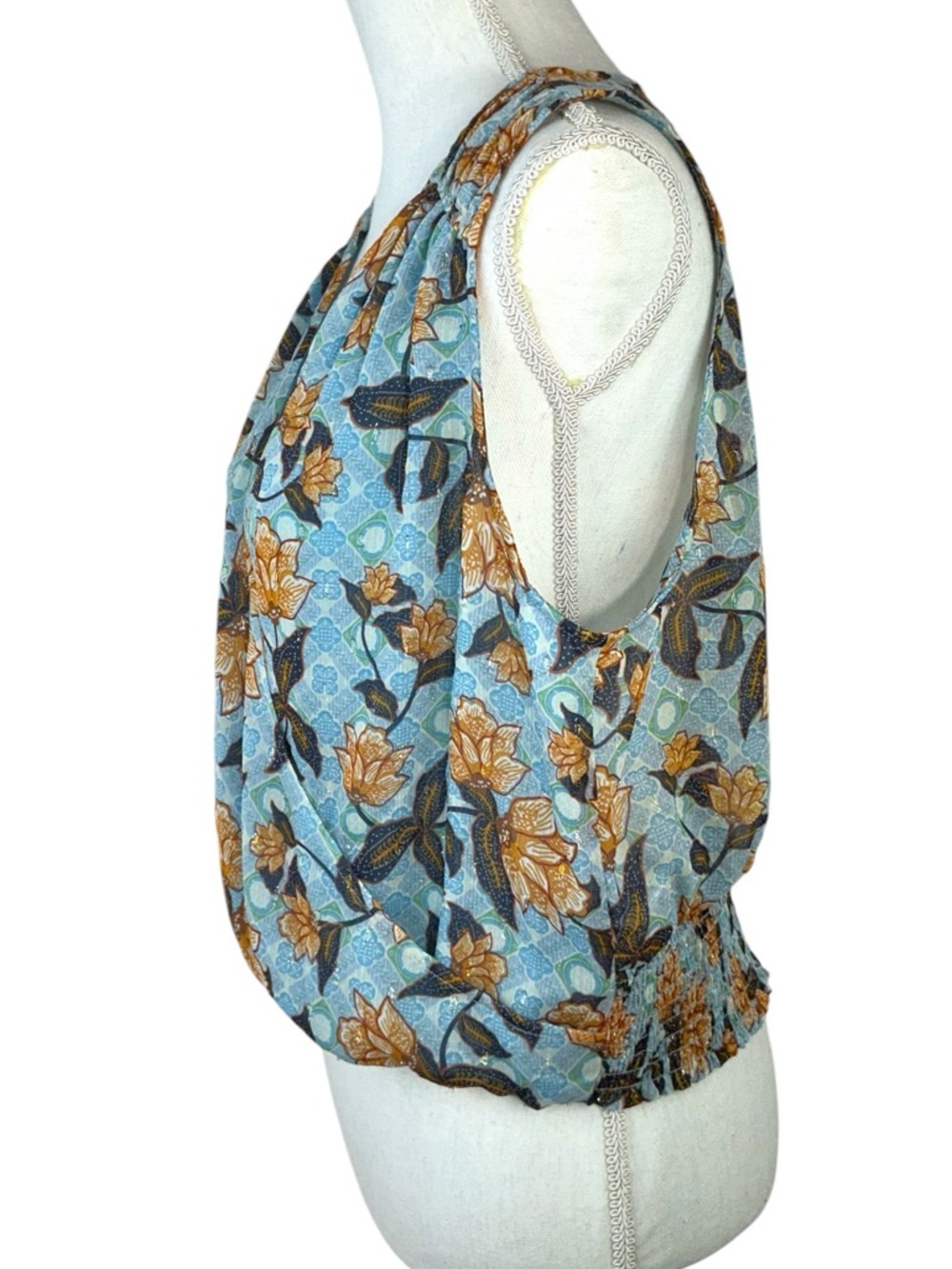 Rachel Zoe Cropped Top Faux Wrap Sleeveless V neck Mustard Blue Large - Picture 4 of 16